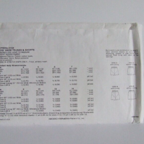 Swim suit shorts sewing pattern Kwik Sew 2132 vintage uncut swimming trunks boys - Picture 2 of 5